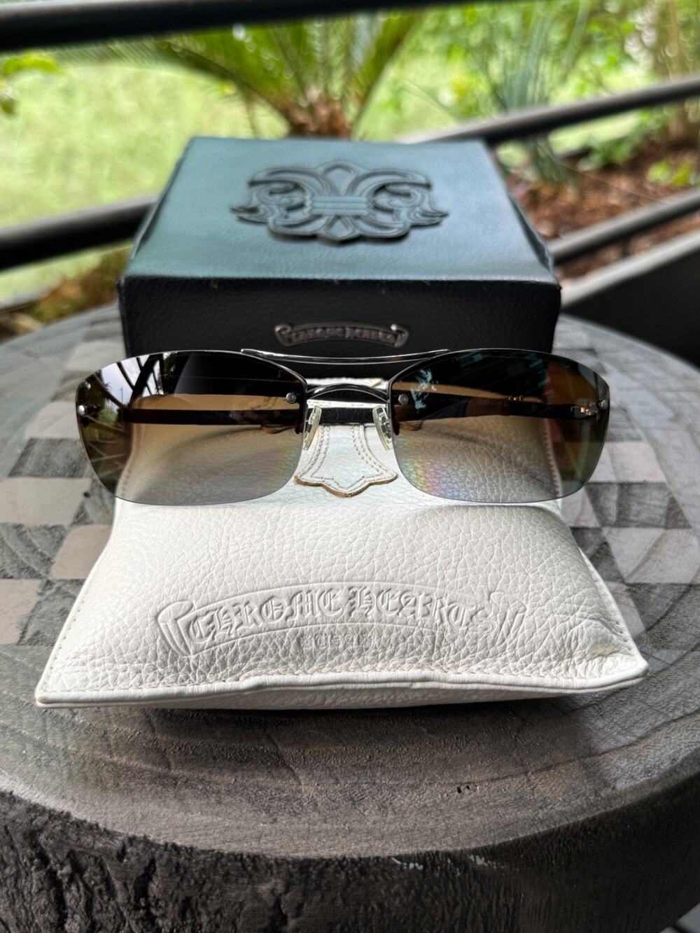 Chrome Hearts AMPED Rimless Sunglasses Black Leather Titanium Made in France